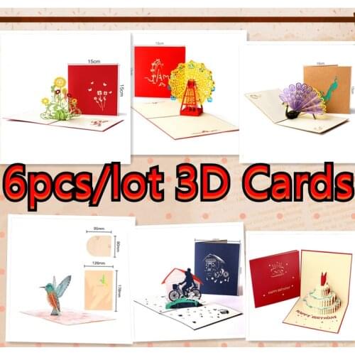 6 Pieces 3D Pop Up Cards Greeting Handmade Cards with Envelopes for Christmas Birthday Anniversary Wedding Mothers Day Gift
