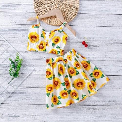 1-6Years Fashion Kids Girls Summer Clothing Sunflower Print Button Sleeveless Crop Tops+Mini Skirts Holiday Casual Clothes