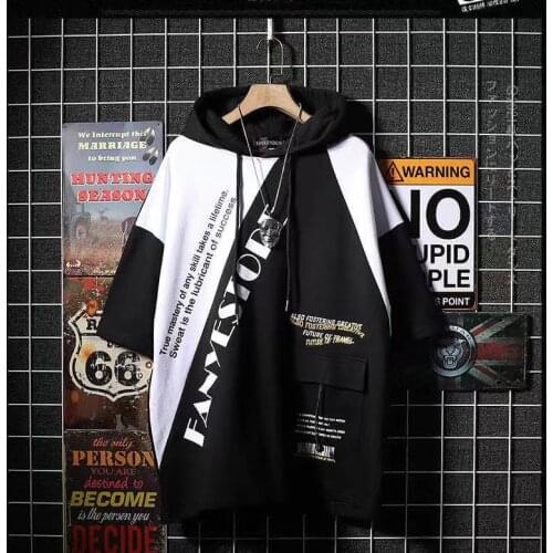 2021 Harajuku Hooded T-shirts Men Color Block Patchwork Tshirt Summer Hip Hop Sweatshirt Streetwear Tops Tees Cotton