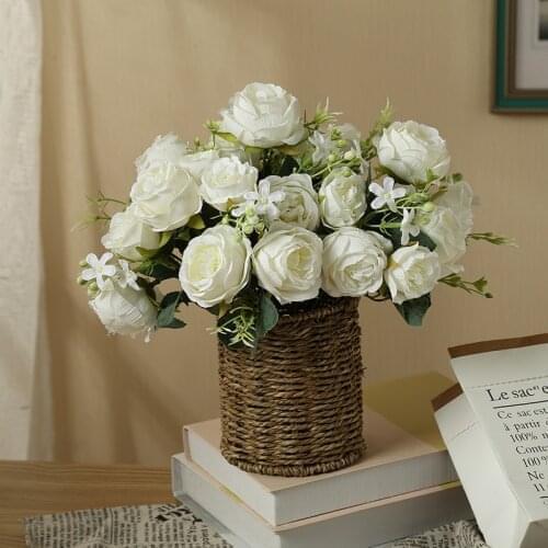 Artificial White Rose Peony Bouquet Flowers Silk Fake False Flowers For Wedding Bride Shooting Props Home Party Decoration