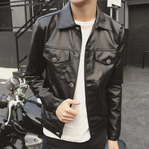 Spring Mens Motorcycle Black PU Leather Short Jacket Slim Fit Single Breasted Coat Long Sleeve Lapel Outwear L XL XXL F5
