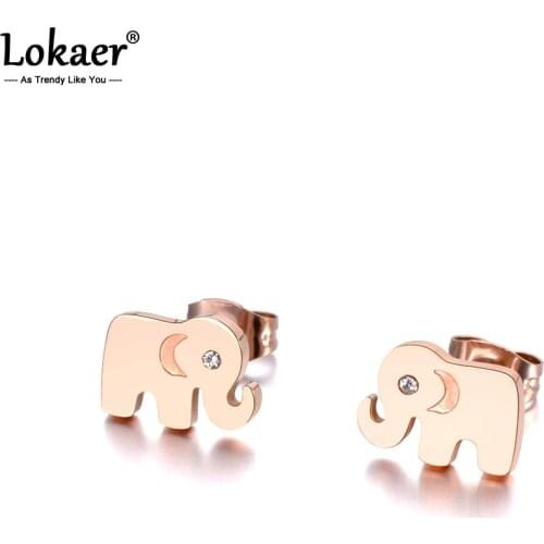 Lokaer Office Stainless Steel Rhinestone Elephant Stud Earrings Jewelry For Women Girls Rose Gold Party Christmas Gift E19035