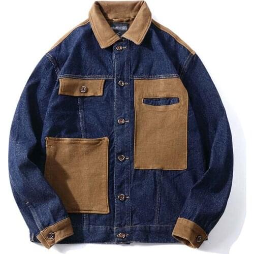 Mcikkny Men Cargo Trucker Denim Jackets And Coats Two Color Block Patchwork Outwear Top For Male Clothing Size M-4XL