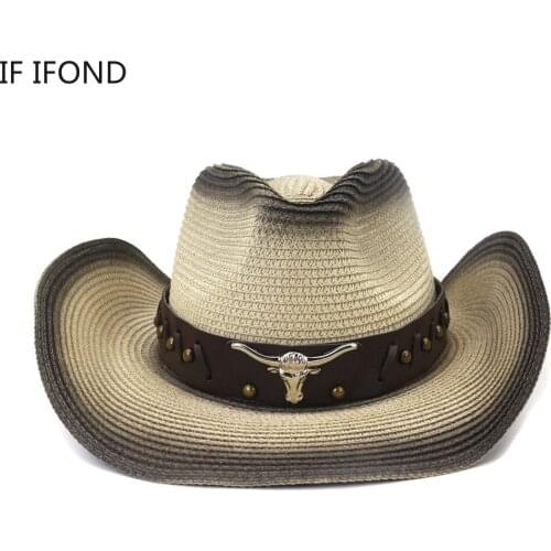 Men Western Cowboy Straw Hat With Cow Head Decoration Sombrero Hombre Beach Cowgirl Jazz Sun Hat