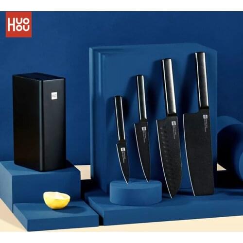 Huohou 5Pcs Cool Black Kitchen Non-Stick Knife With Knife Holder Stainless Steel Chef Knife Set 307mm Slicing Knife