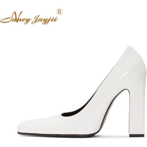 White 2019 Spring Ladies Fashion Mature Shoes Woman Square Heel Solid Pointed Toe Patent Leather Shallow Slip-On 38