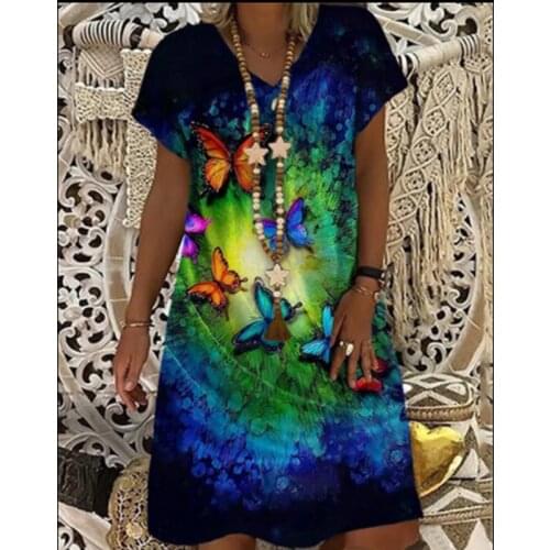 2021 new female summer 3D printing short-sleeved V-neck fashion dress style mid-length skirt European and American lace dress