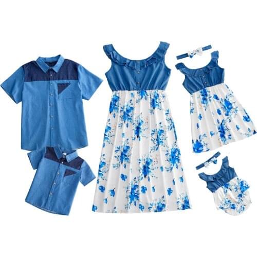 New Summer Family Matching Floral Dress Mother And Daughter Outfits Father Son Splicing Shirt Family Matching Sets