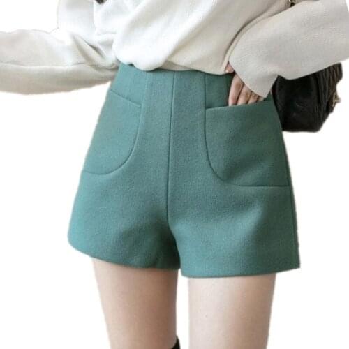 Autumn Winter High Waist Woolen Shorts Women New Wide Leg Green Shorts 2021 Spring Blue Slim Booty Shorts Female 558