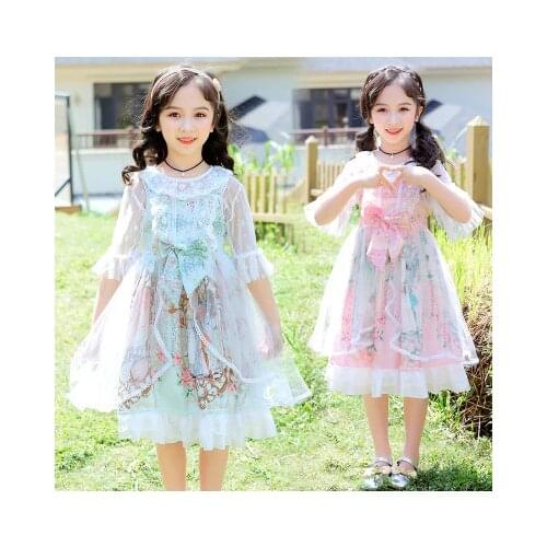 5-10 years old girl baby summer dress new cute cartoon Lolita stitching mesh gauze bow dress princess girl child dress