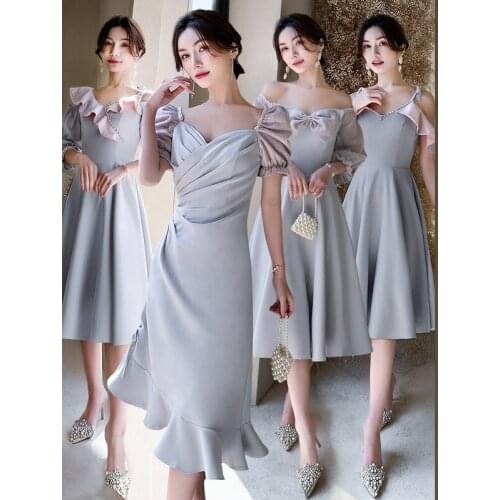 Bridesmaids Dresses Vintage Short V-Neck Jersey Knee-Length A-Line Spaghetti Straps Luxury Gray Women Wedding Party Gown E660