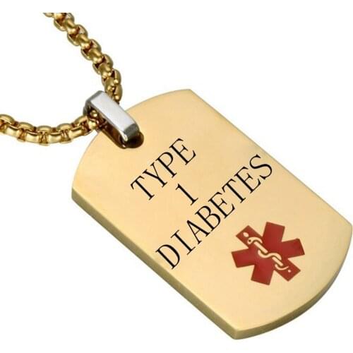 TYPE 1 DIABETES Gold Dog Tag Pendant Medical Alert ID Necklace for Men ICE SOS Personalize Necklaces Jewelry Gifts