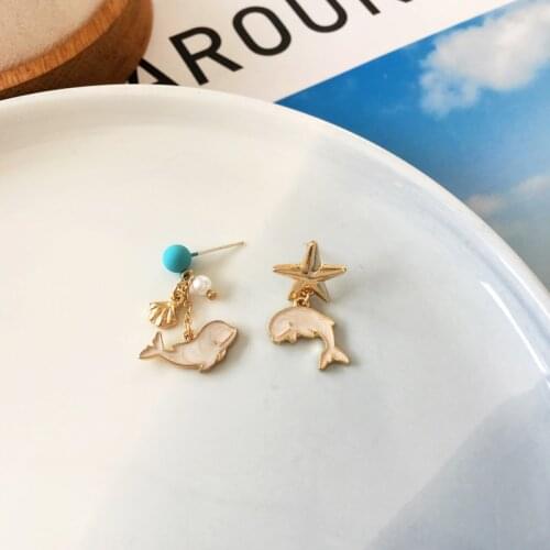 S925 Needle Cute dolphin beautiful starfish shell fun asymmetric earrings