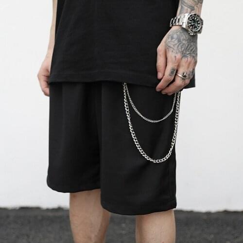 Dark wind loose tailoring double-layer trouser chain suit shorts street style wild black shorts for men and women