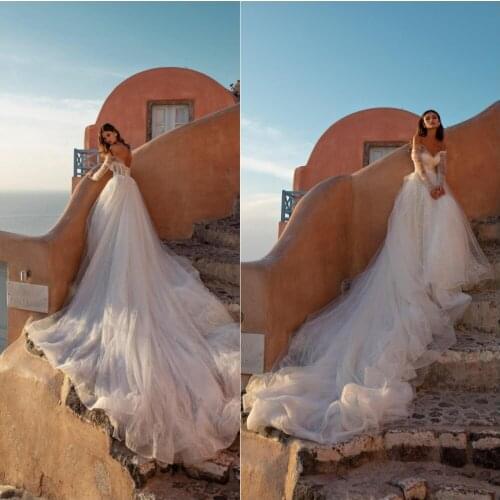 2020 Off Shoulder Wedding Dresses Long Sleeve Lace Appliques Sequin Bridal Gowns Backless Sweep Train A Line Wedding Dress