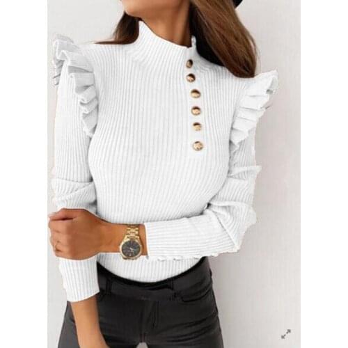 Womens Knitted Sweater Winter Casual Soild Color Ladies Sweater Ruffled Button Pullover Turtleneck Women Slim Sweater
