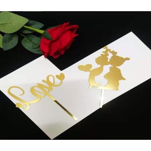 New Happy Wedding Acrylic Cake Topper Golden Love Romantic Couple Birthday Cake Topper for Valentines Day Party Cake Decoration