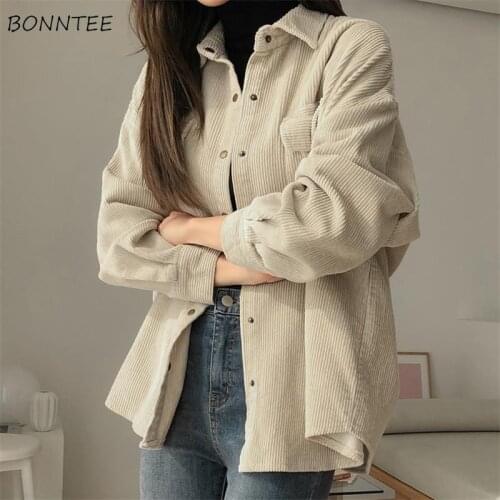 Shirts Women Corduroy Topa 2020 Autumn Turn-down Collar Single Breasted Pockets Solid Loose Outerwear Boyfriend Harajuku Chic
