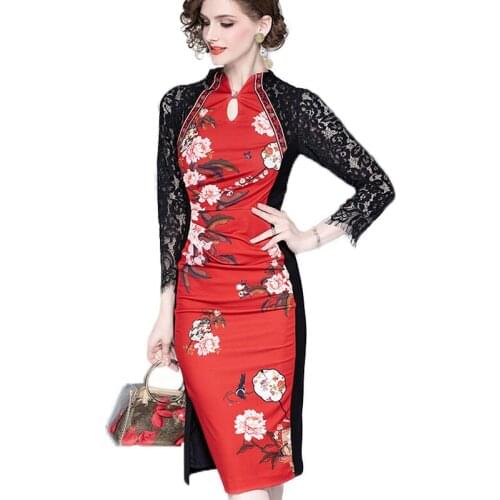 New Lace Printed Cheongsam Lady Slim Temperament Waist Dress Elegant Classical Vintage Literary Stand Collar Flower Dress 4XL