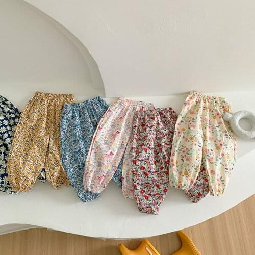 Toddler Girls Trousers 2021 Summer Baby Cotton Soft Anti-mosquito Pants Floral Print Loose Cute Bloomers Pants for Girls 2-7 Y