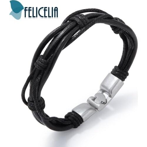 Felicelia Brown Black PU Leather Bracelet For Men Boys Handmade Multilayer Wrap Bracelet Vintage Jewelry Wristband