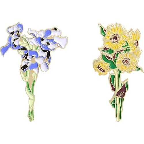 Iris Sunflower Flower Enamel Pins Bouquet Plant Brooches for Women Backpacks Badge Lapel Pins Jewelry Gift 2021 Wholesale