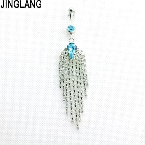 JINGLANG Belly Button Rings 316L Stainless Steel Barbell Dangle Rhinestone Tassel Navel Piercing Hypoallergenic Jewelry