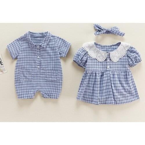 2021 Summer Newborn Plaid Romper Bodysuit Infant Peter Pan Collar Short Sleeve Cotton Dress Baby Sister Brother Matching Outfits