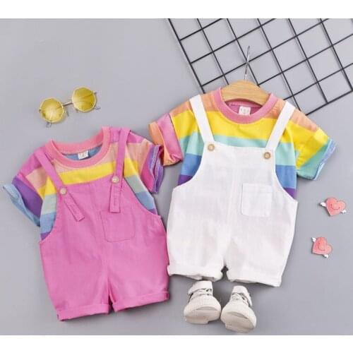 Summer Toddler Infant Clothing Baby Girls Clothes Sets Rainbow T Shirt Angel wings overalls Shorts Kids Children Costume Suits