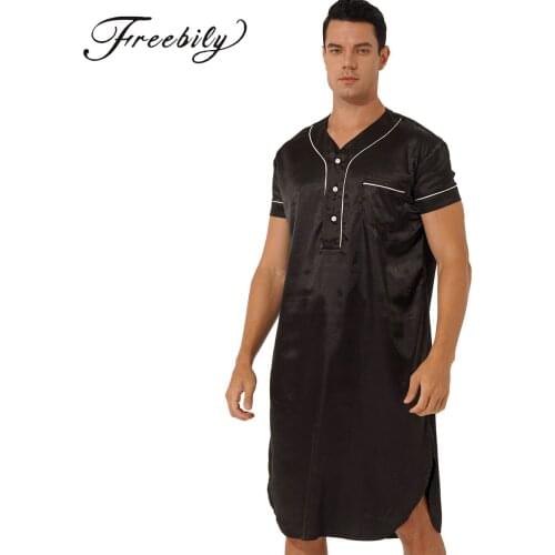Mens Satin Nightshirts Sleepwear Adult Silk Short Sleeve Home Wear Pyjama Sleep Tops Nightwear Basics Plus Size