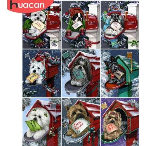 HUACAN DIY Frame Paint By Numbers Dog Animal On Canvas Wall Art Acrylic Picture By Numbers Winter For Living Room