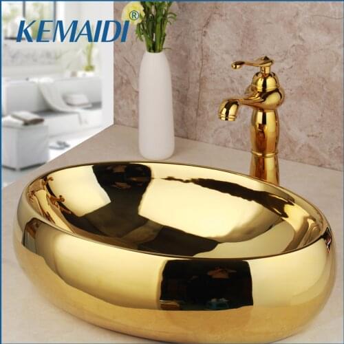 KEMAIDI Bathroom Basin Faucets Set Ceramic Basin Sink & Polished Golden Tap Set Paint Bowl Sinks / Vessel Basins With Washbasin