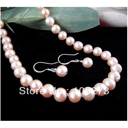 New Arriver Natural Pearl Jewelry Set Classic Genuine AAA Pink Pearl Necklace Earrings Ladys Jewelry 8-9mm 18'' Free Shipping