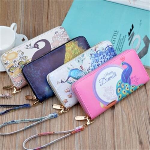 New Womens Wallet Long Fashion Printed Peacock Pattern Zipper Casual Wallet Coin Purse Clutch Document Bag