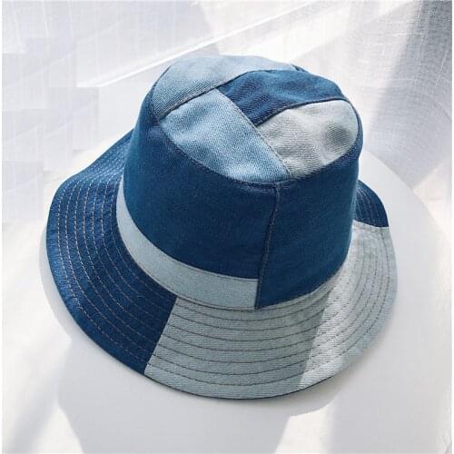 Bucket Hat Women Summer Hats and Caps Patchwork Washed Denim Bucket Hat Hip Hop Solid Wide Brim Cotton Beach Fishing Cap Panama