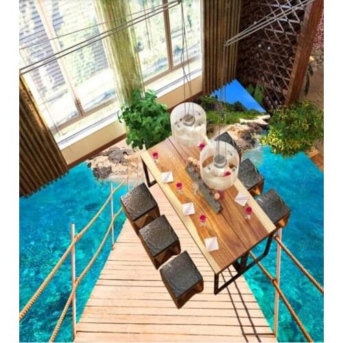 PVC Sea wooden bridge wash natural landscape non-slip waterproof self-adhesive 3D floor sticker tiles bathroom 3D wallpaper