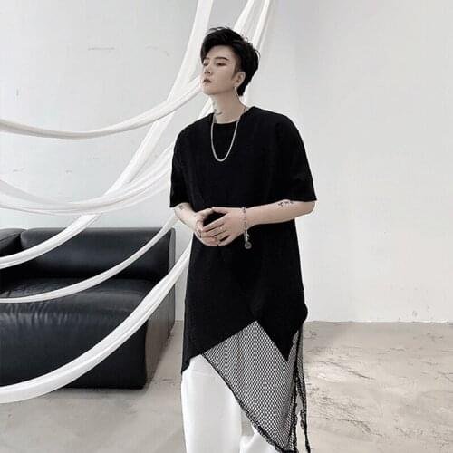 Stylists t-shirt mens loose personality trend clothes mesh short sleeve T-shirt half sleeve fashion label irregular fashion in