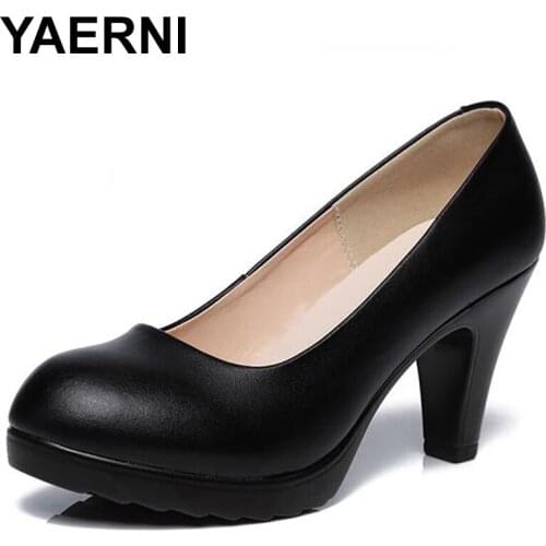 YAERNI Genuine Leather shoes Women Round Toe Pumps Sapato feminino High Heels Shallow Fashion Black Work Shoe Plus Size 33-43