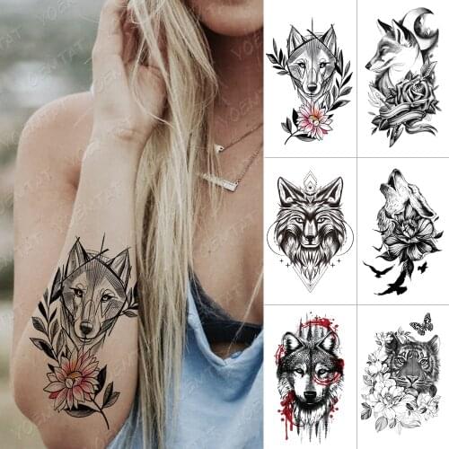 Waterproof Temporary Tattoo Sticker Tiger Lion Moon Fox Rose Flash Tatoo Bird Flower Wolf Body Art Arm Water Transfer Fake Tatto