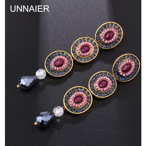 UNNAIER Bohemia Fuchsia Semi-precious stones Teardrop-shaped earring Female Rhinestone Skewers Ear jewelry