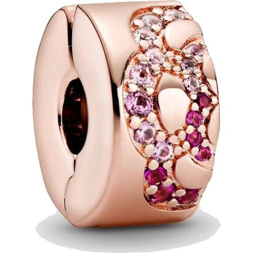 Original Rose Pink Fan Pattern Spacer Clip With Crystal Beads Fit 925 Sterling Silver Charm Bracelet Diy Jewelry