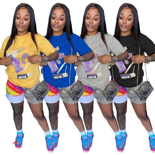 SZ9002 European and American womens T-shirt printing yellow short-sleeved urban casual fashion sweet casual 2 suits