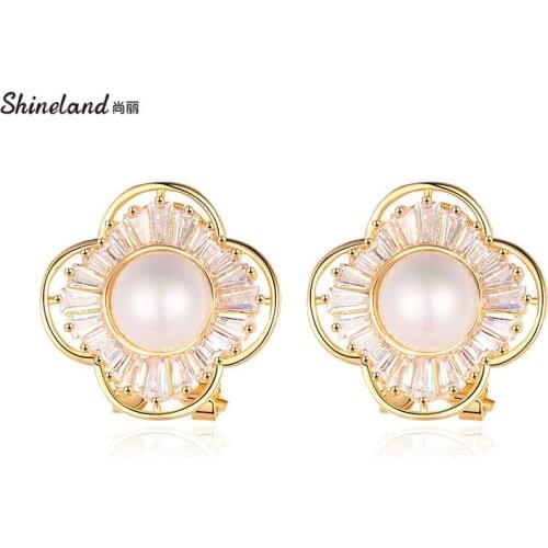 Shineland Charm Flower Simulated Pearl Stud Earrings for Women Bling Crystal Wedding Brincos Bijoux Jewelry Accessories Gift