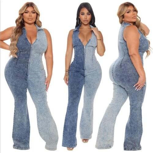 Contrast Color Patchwork Women Turn-down Collar Jumpsuits 2021 Summer Plus Size Sexy V-Neck Zipper Sleeveless Wide-leg Rompers