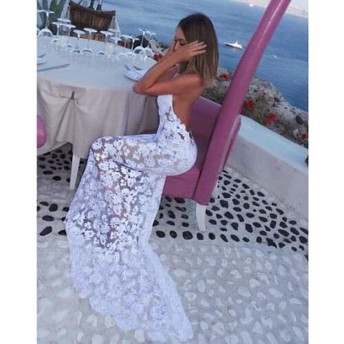 AHVIT Lace Backless Halter Fashion Women Dress Deep V Neck Sleeveless Skinny Elegant Party Maxi Dress YL1944