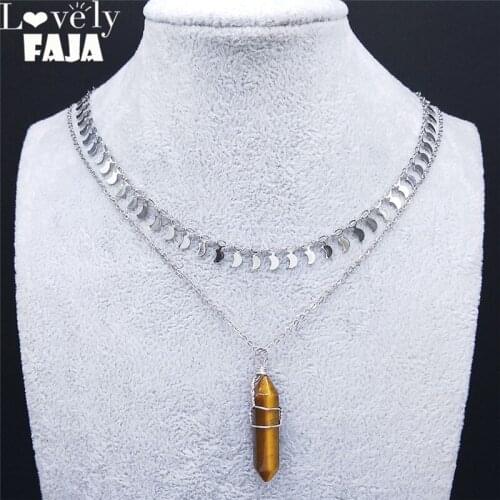 2PCS Tigers Eye Stone Stainless Steel Layered Necklace Moon Divination Hexagonal Prism Jewelry collier pierre naturelle NZ35S04
