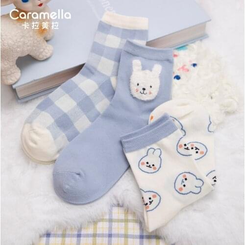2021 Caramella New Cartoon Animal Women Socks 3Pairs/lot Cute Rabbit Girls Socks Funny Animals Women Socks Comfy Cotton Socks