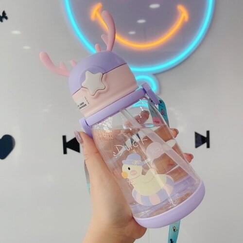 Baby Portable Feeding Cup with Silicone Straw Leak Proof Straps Children Cartoon Learn Drinking Bottle Toddler Solid Feeding Mug