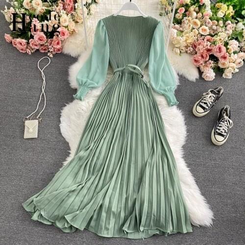HangCode Good Quality Women Long Sleeve Elegant Dress Autumn Solid OL Pleated Big Swing Maxi Dress with Belt Lady Party Sundress