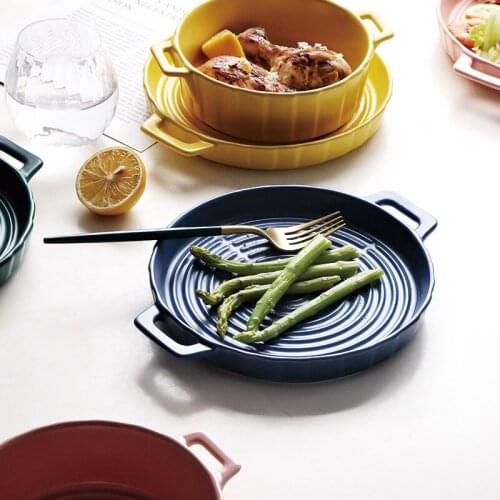 Ceramic Large Round Baking Dish Roasting Lasagna Pan Cheese Dishes Bakeware With Handle Oven Kitchen Fruit Salad Plate Tool